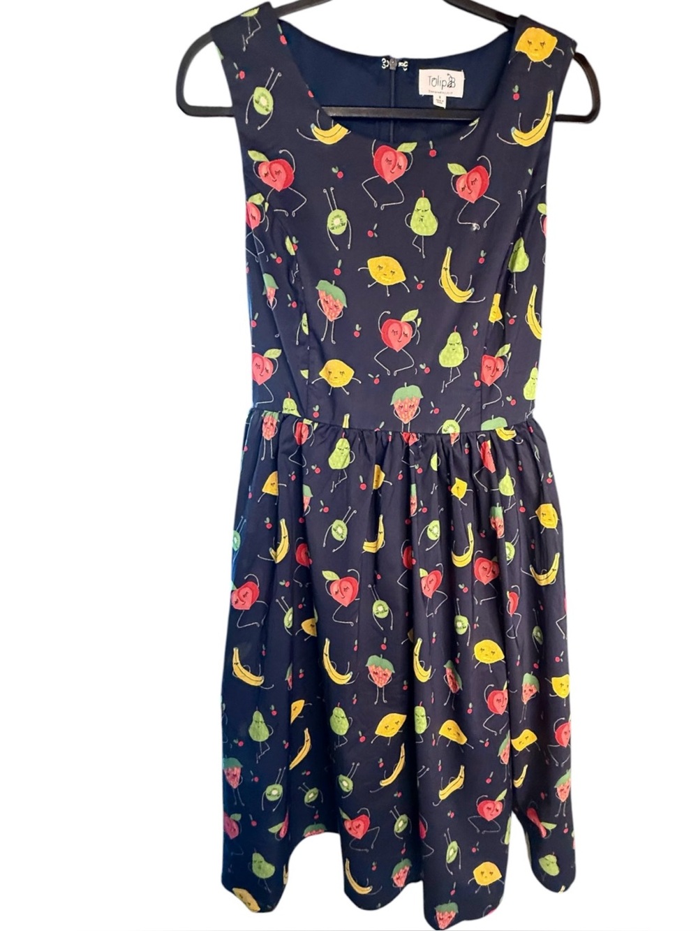 Tulip B Retro Style Navy Fruit Print Sleeveless Dress Pockets Lined NWT - Picture 2 of 5
